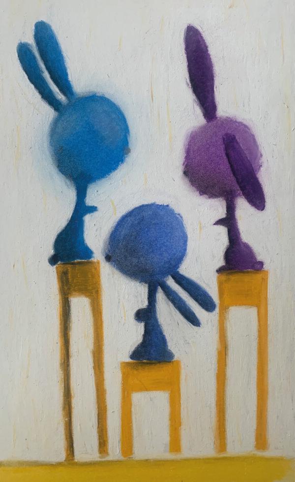 Illustratie van drie konijnen in oliepastel